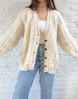 The V Neck Ivory Fisherman Cardigan (XL)