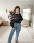 Vintage Black White & Red Pattern Sweater (L)
