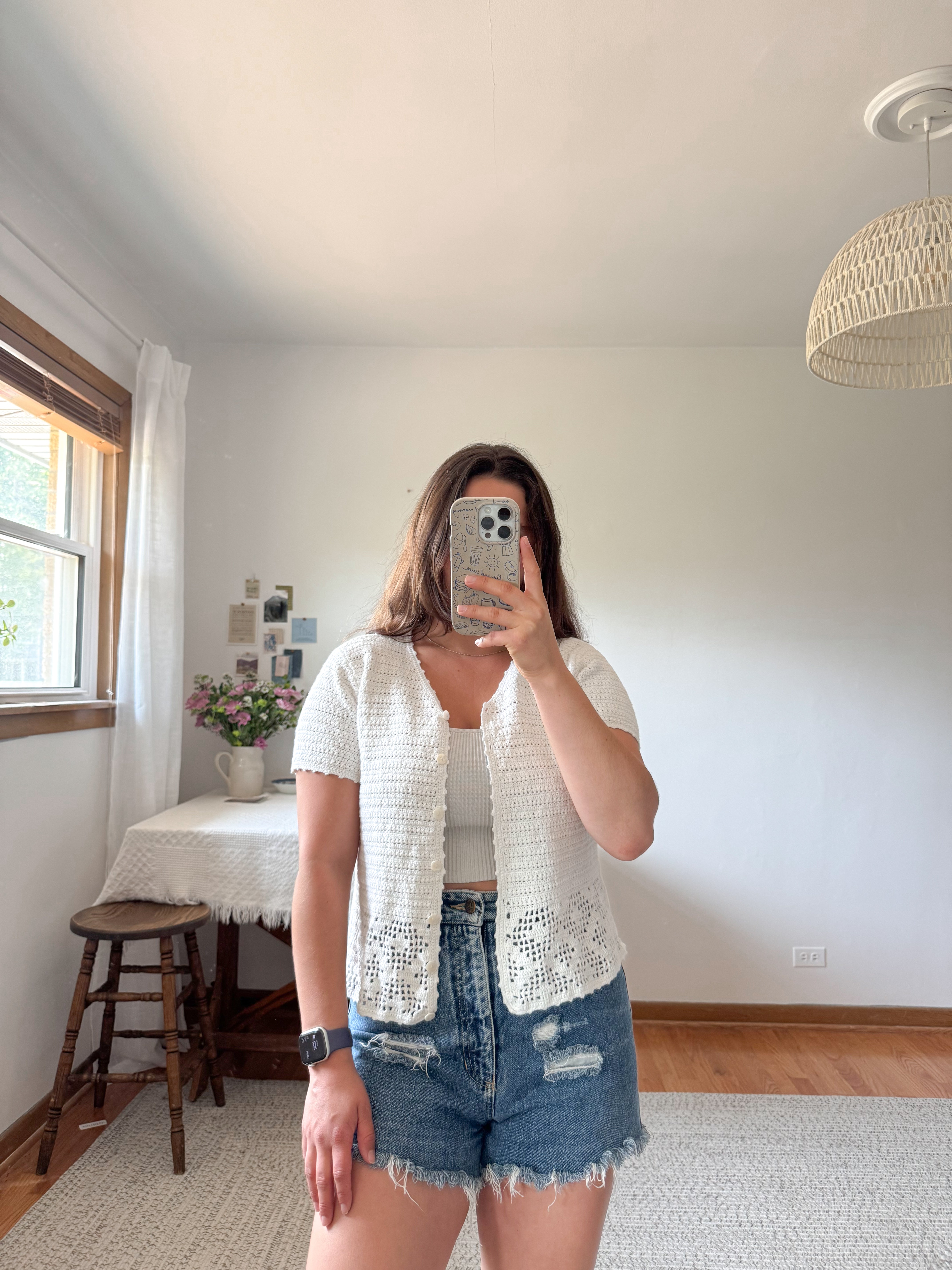 The Creamy Crochet Short Sleeve Cardigan (M)