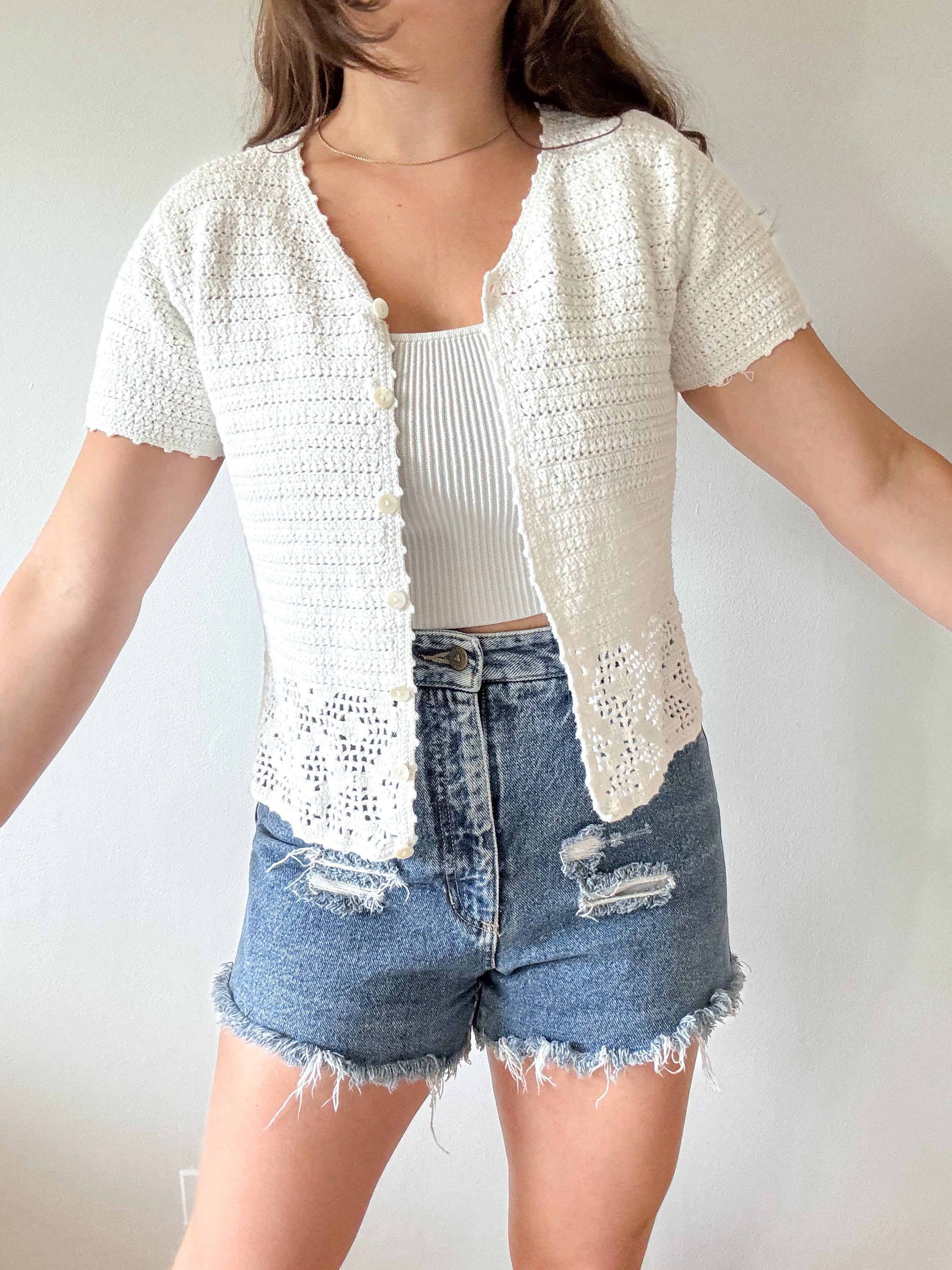 The Creamy Crochet Short Sleeve Cardigan (M)