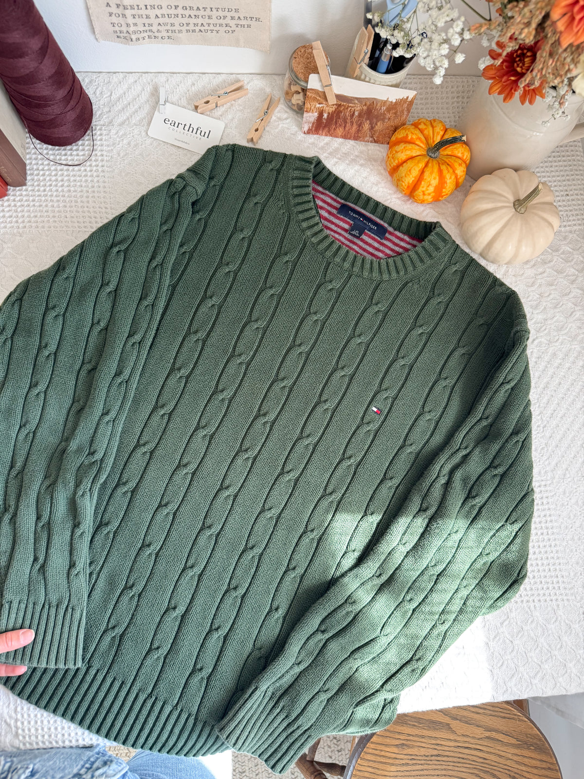 The Forest Green Tommy Cable Knit Sweater (L)