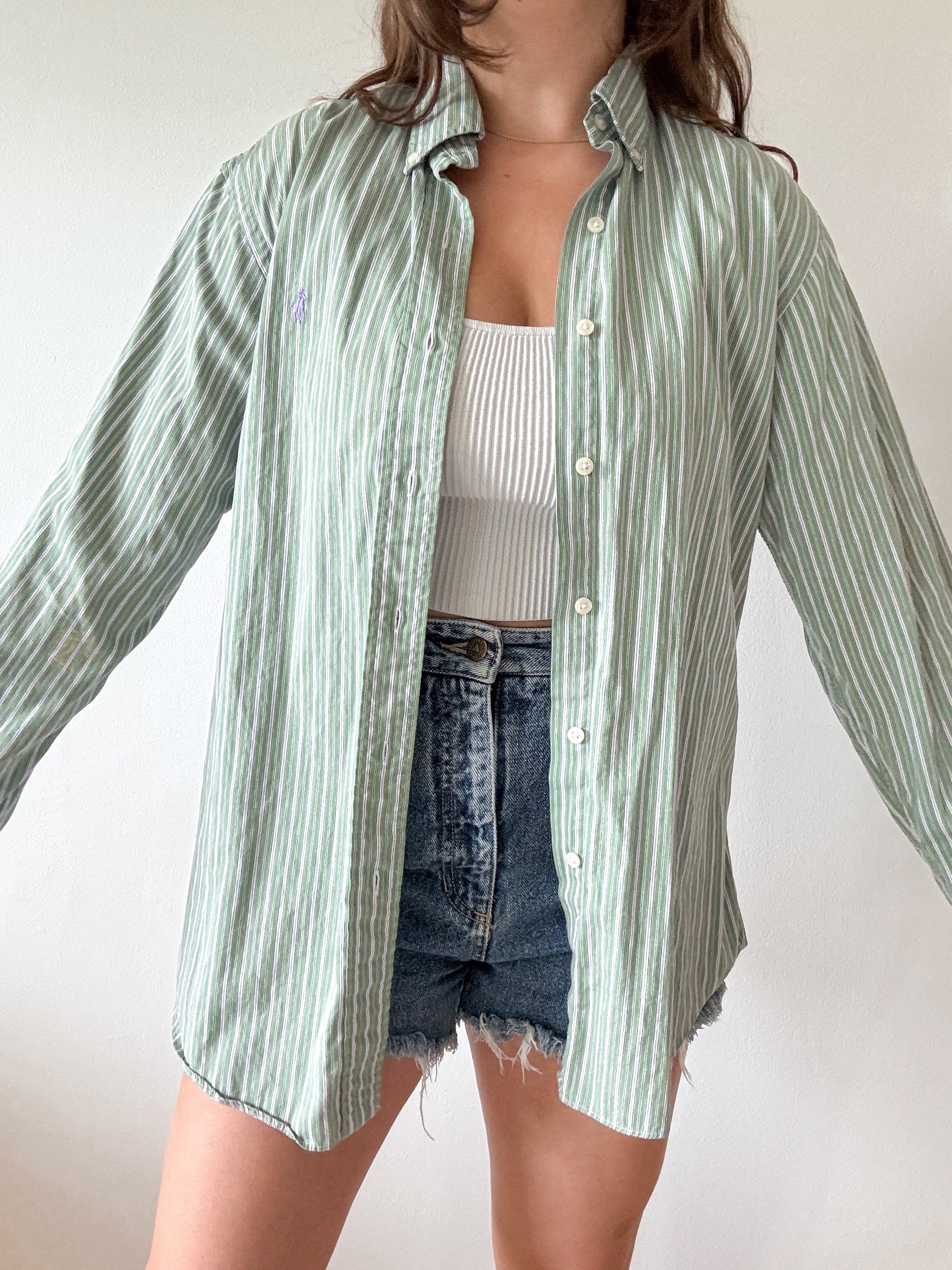 The Green Stripe Polo Button Down (M)