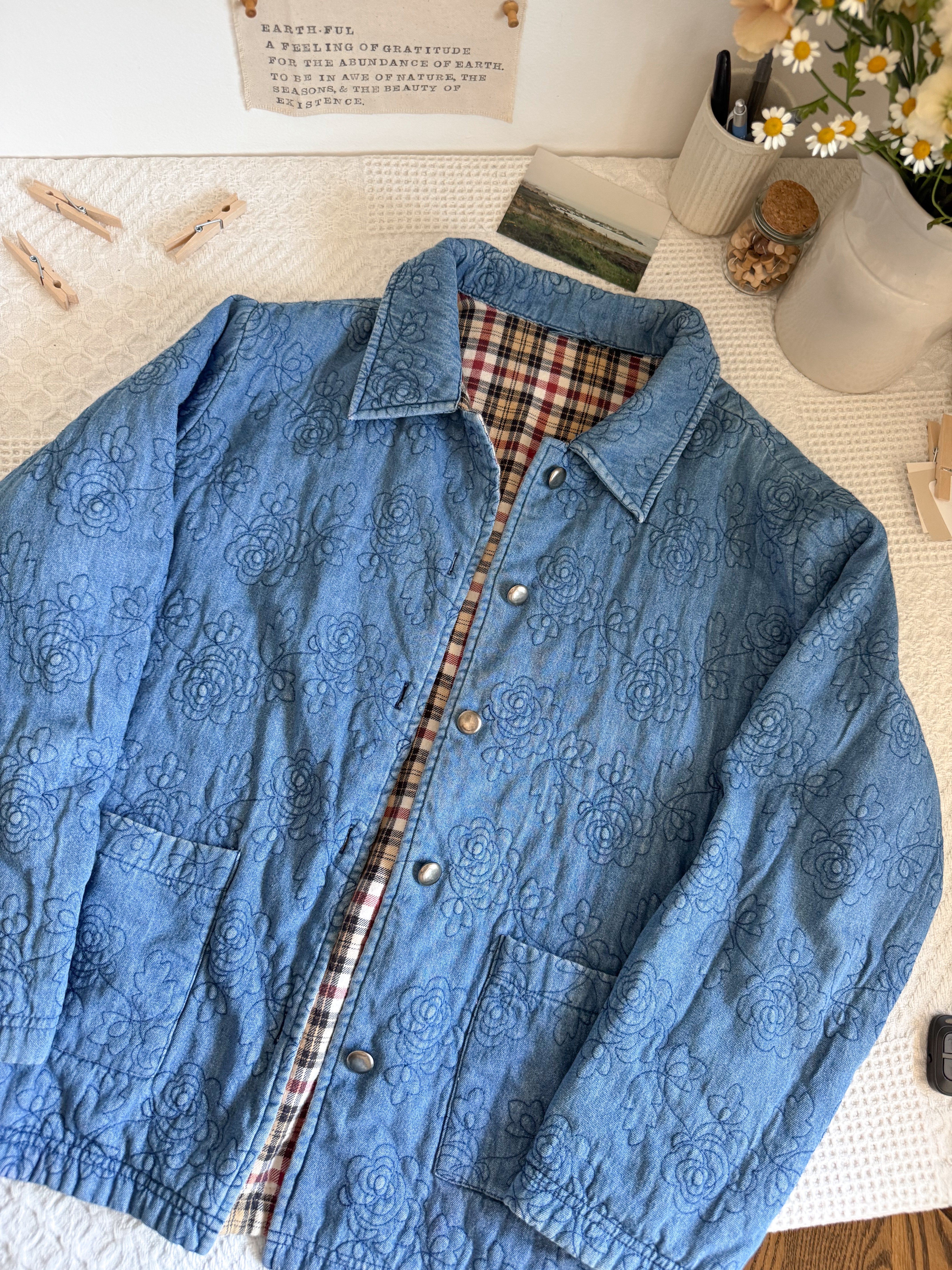 The Denim Floral Quilted Reversible Jacket (L)