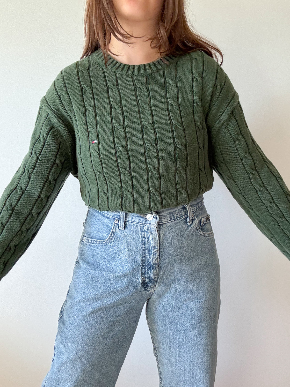 The Forest Green Tommy Cable Knit Sweater (L)
