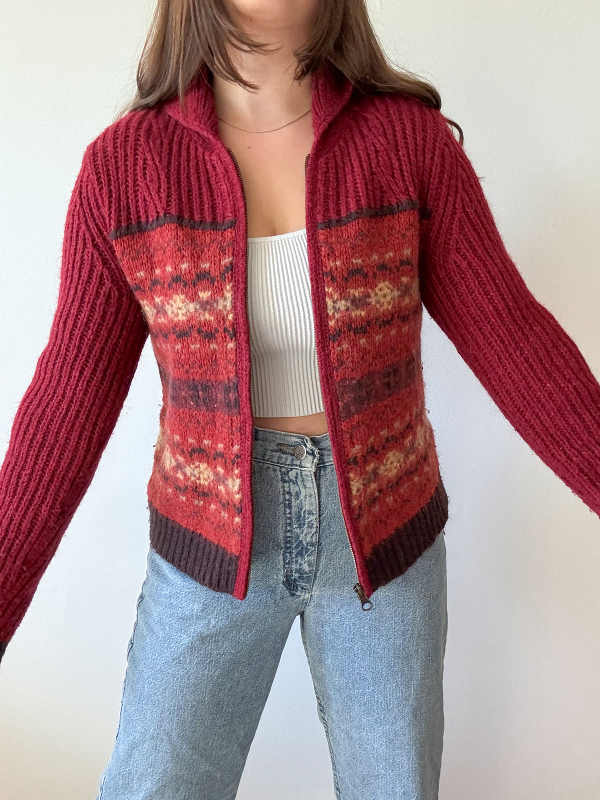 The Rust Fair Isle Zipper Cardigan (S)