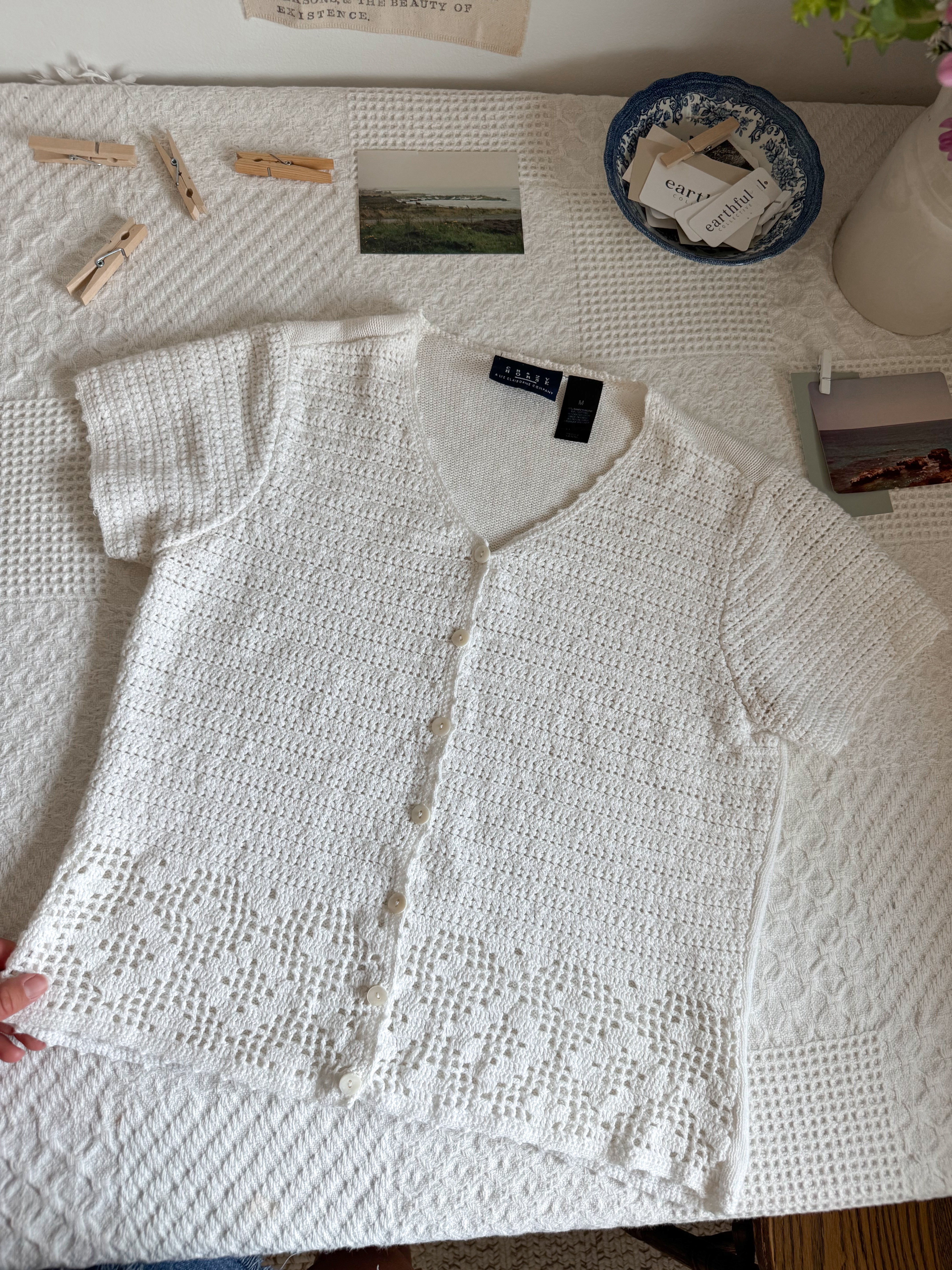 The Creamy Crochet Short Sleeve Cardigan (M)