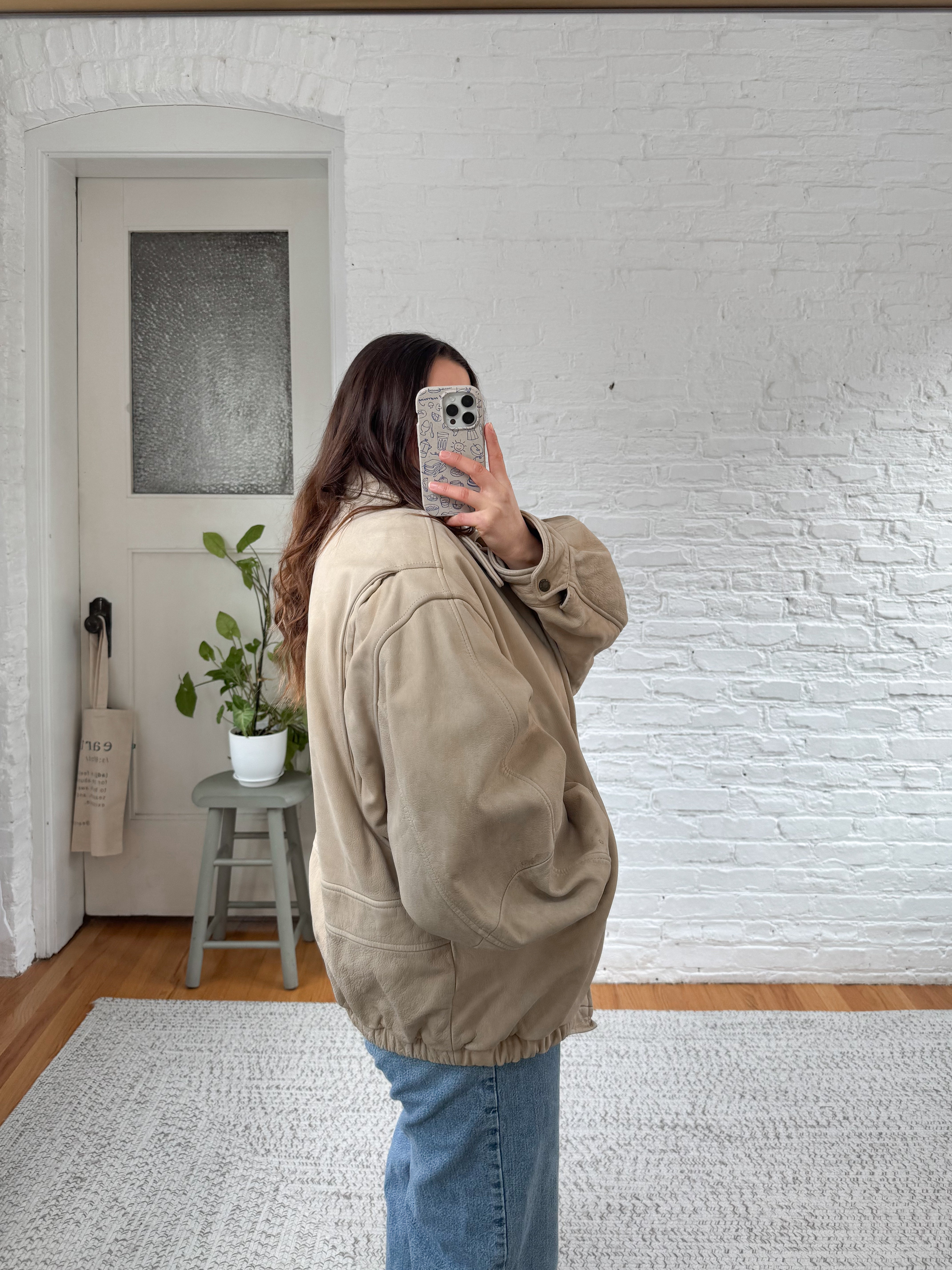 The Beige Leather Bomber Jacket (L)