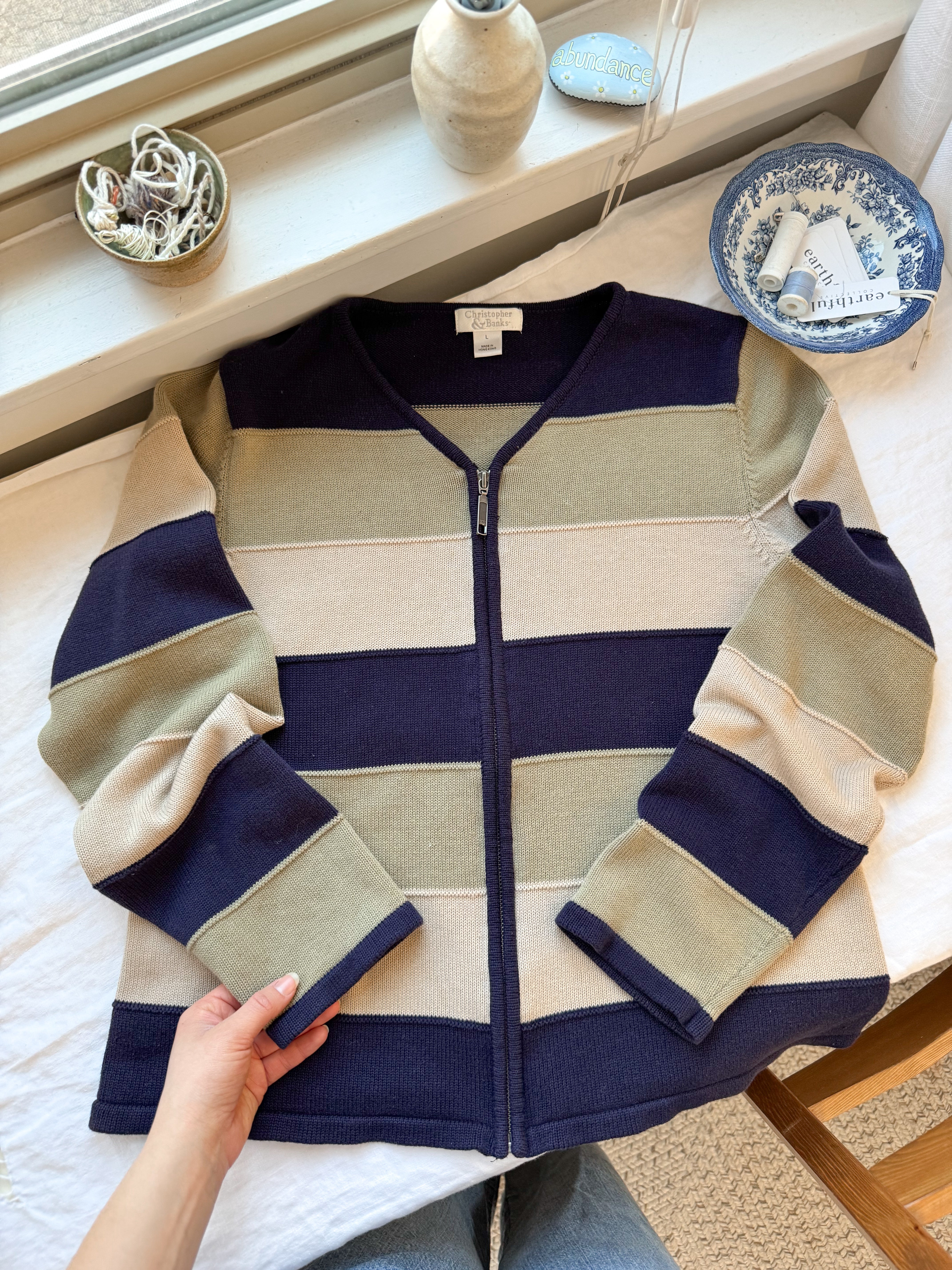 The Sage &amp; Navy Striped Cardigan (M)