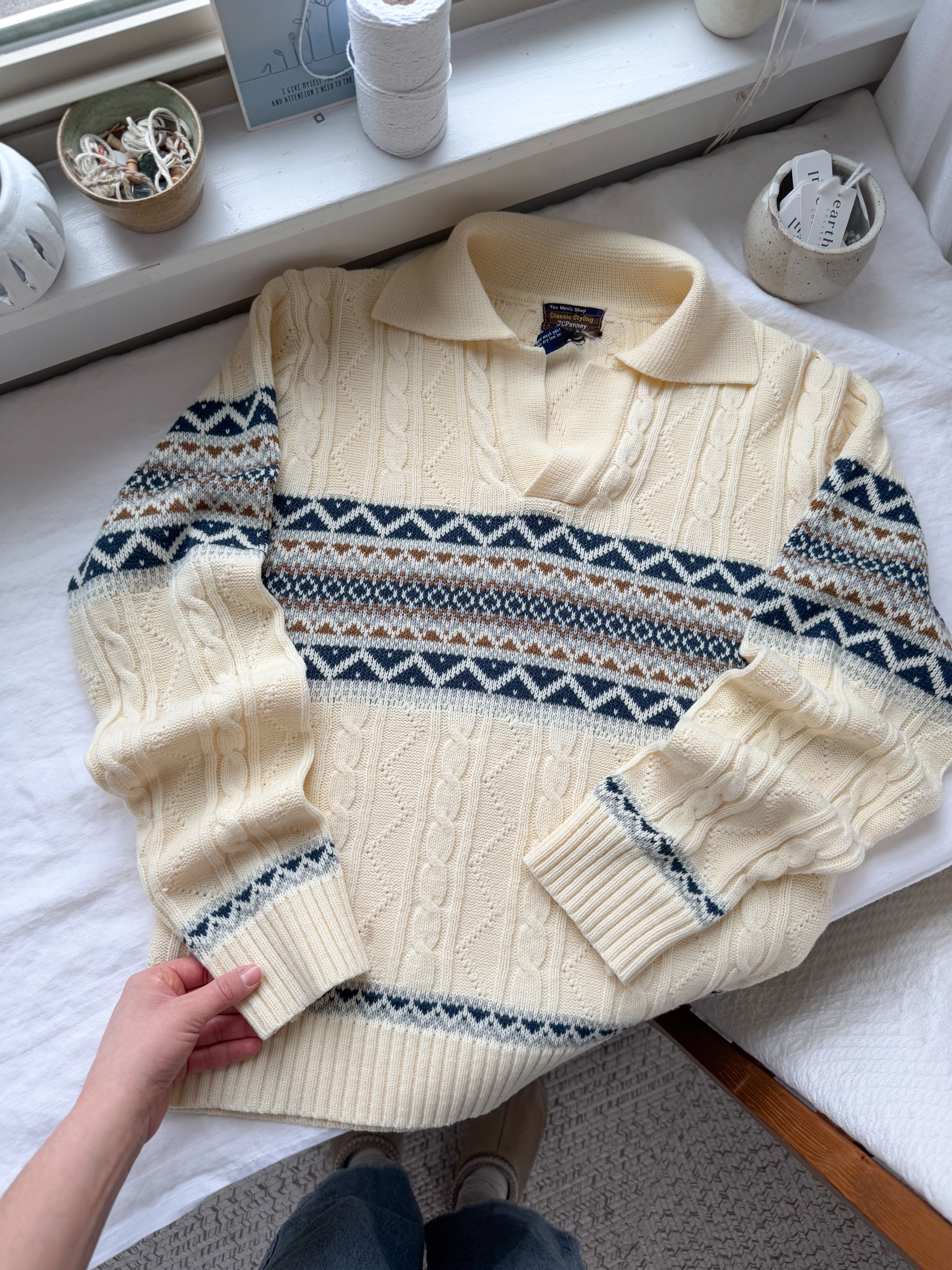 The Cream Chest Pattern Henley Sweater (S)