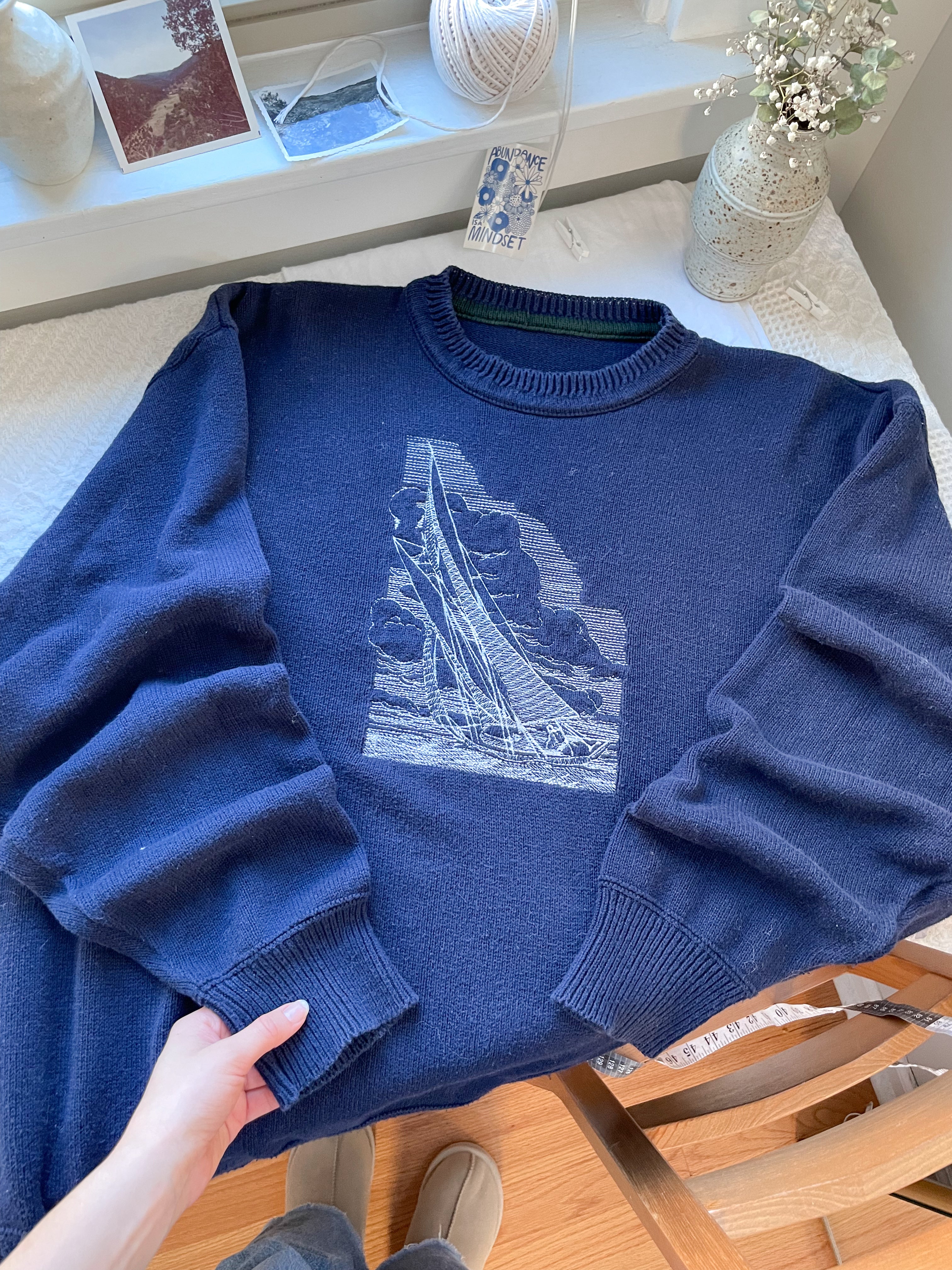 The Navy Embroidered Sailboat Sweater (XL)