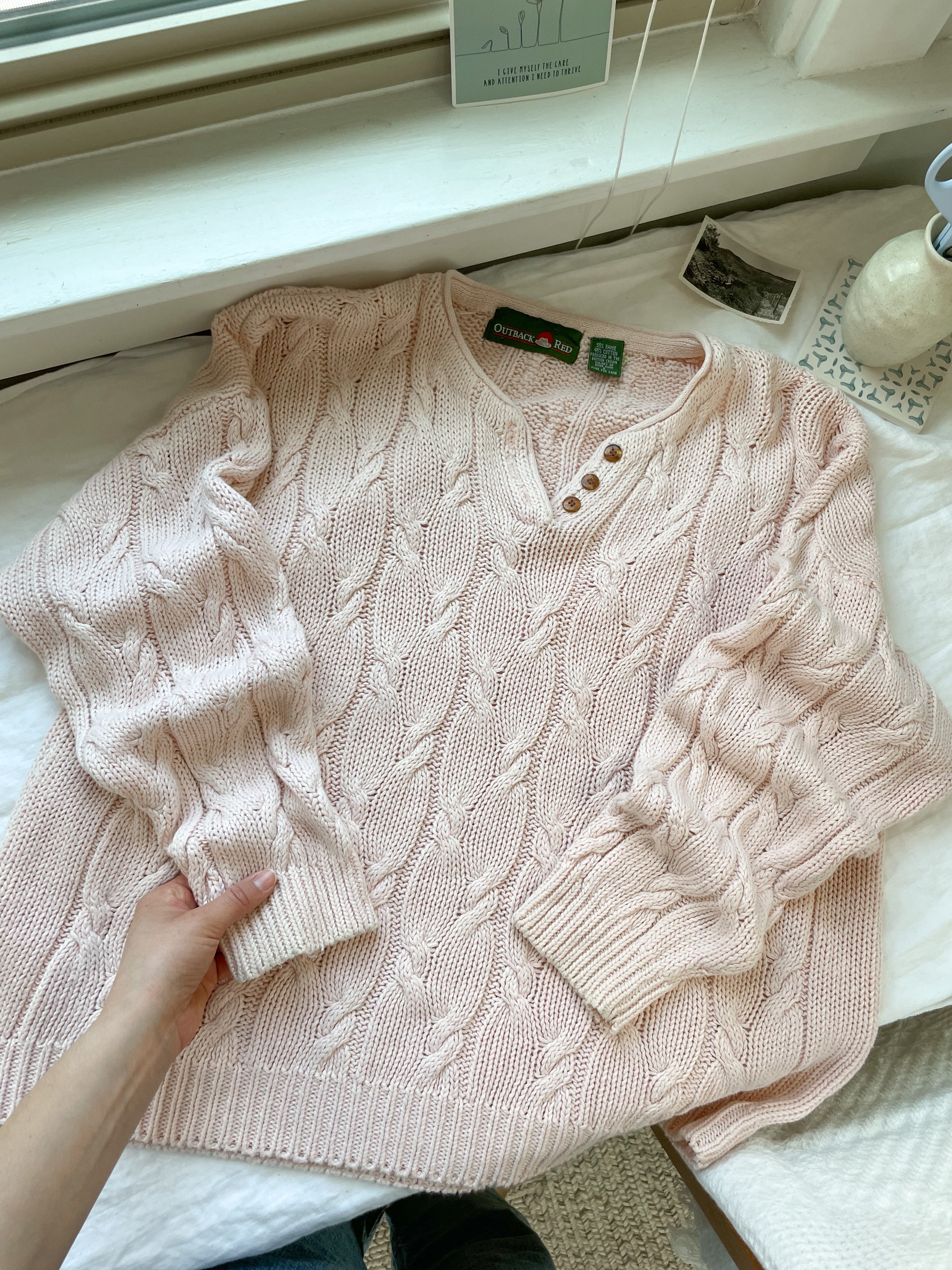 The Pale Pink Cable Knit Henley (M)