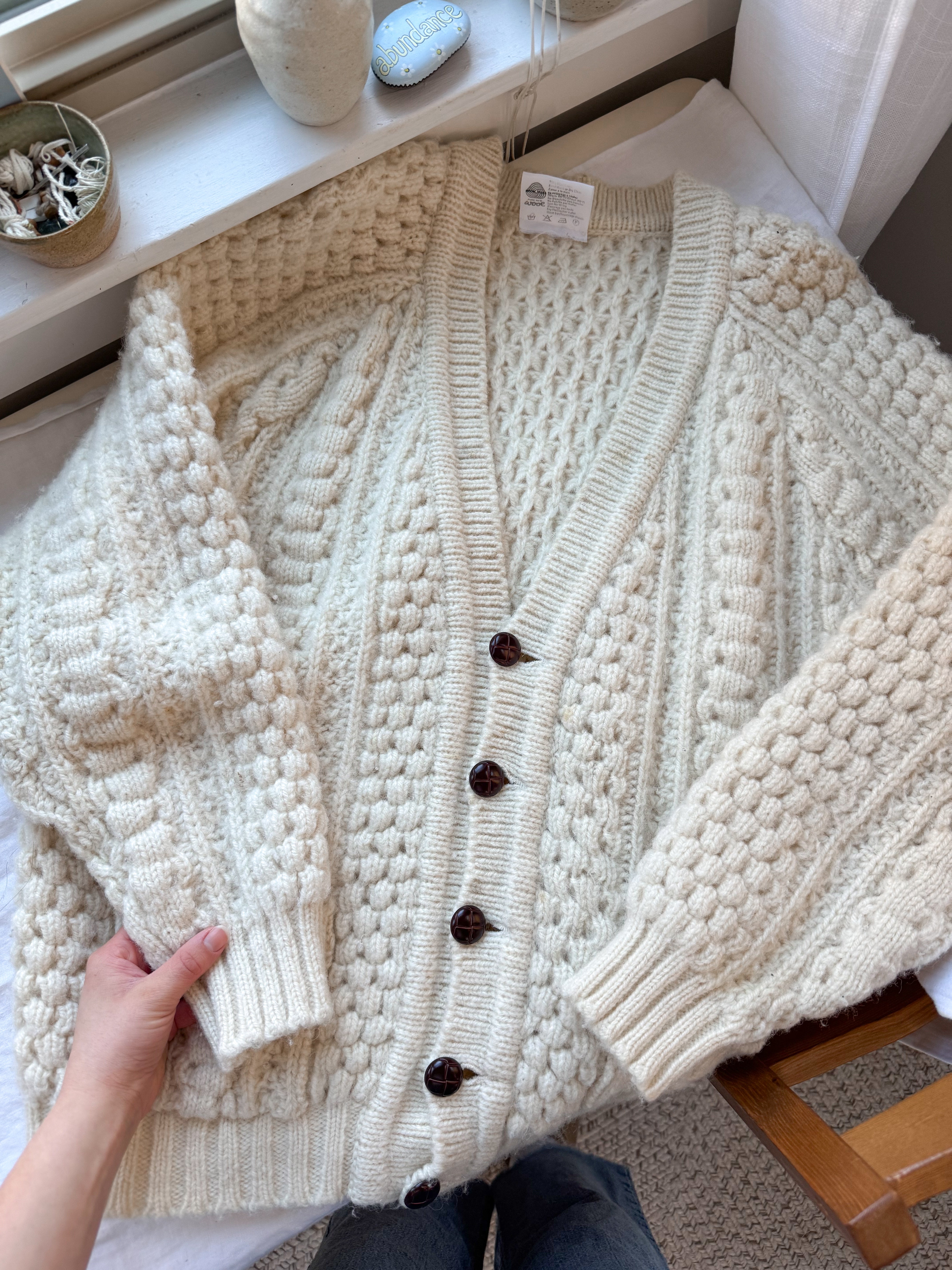 The V Neck Ivory Fisherman Cardigan (XL)