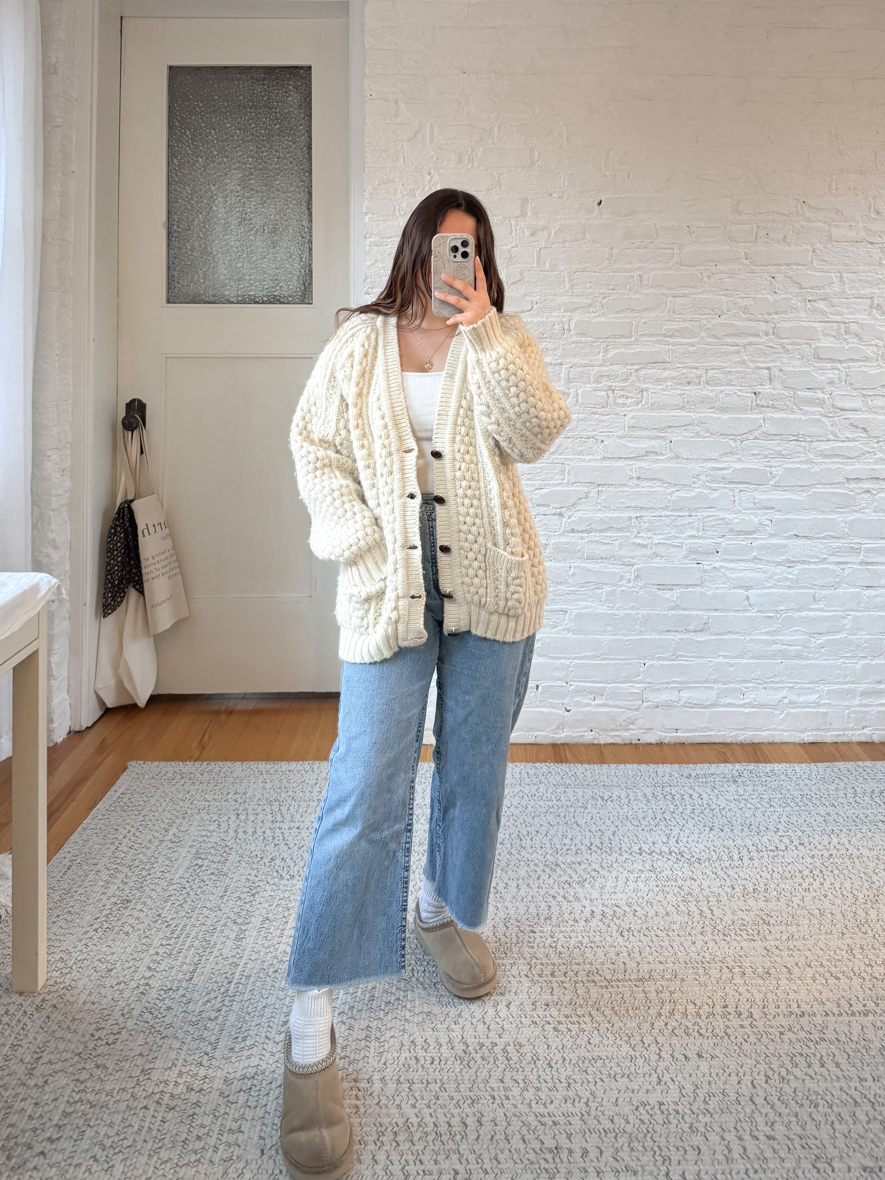 The V Neck Ivory Fisherman Cardigan (XL)