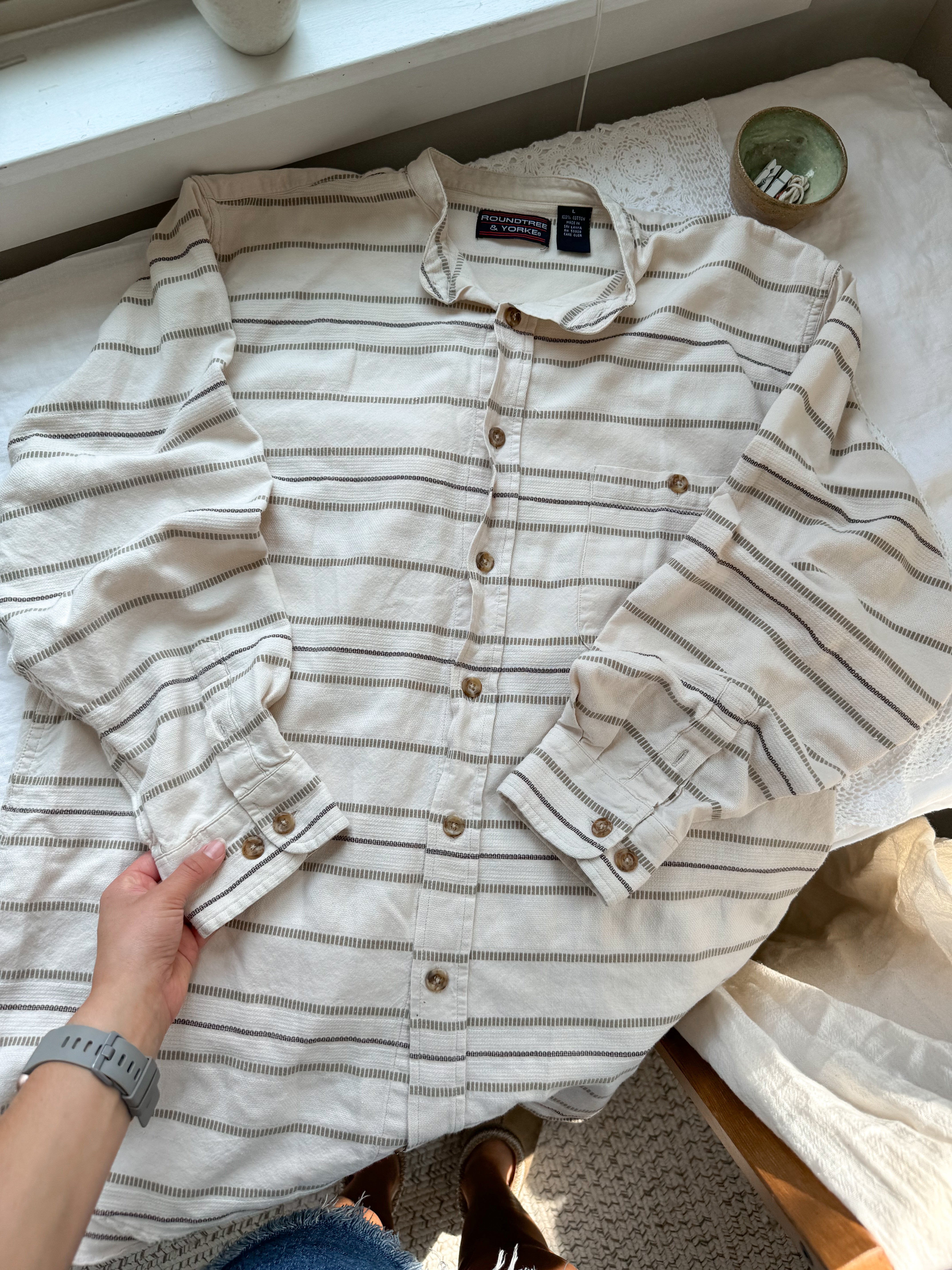 The Cream Striped Button Up (L)