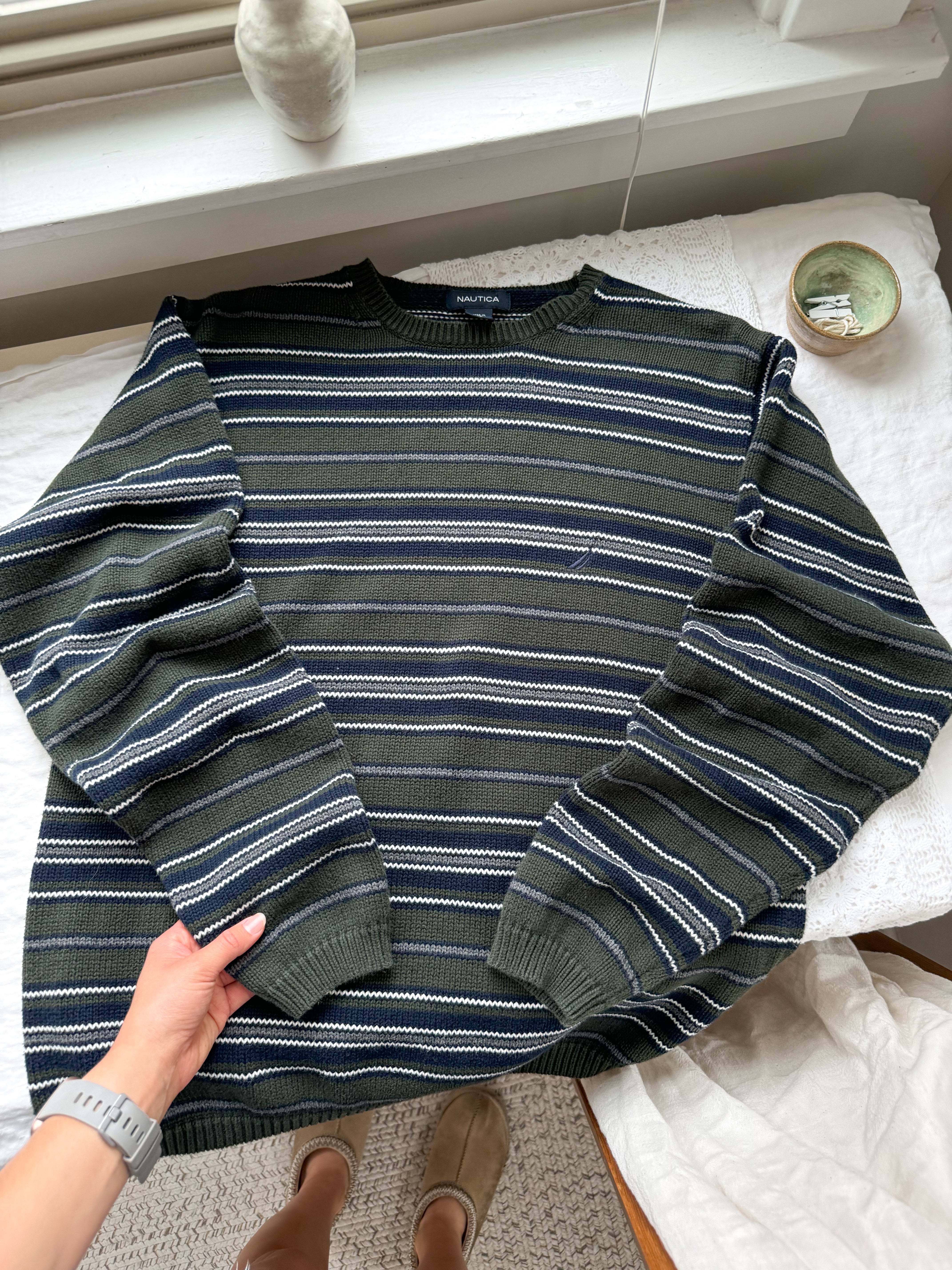 The Navy &amp; Green Striped Sweater (M)