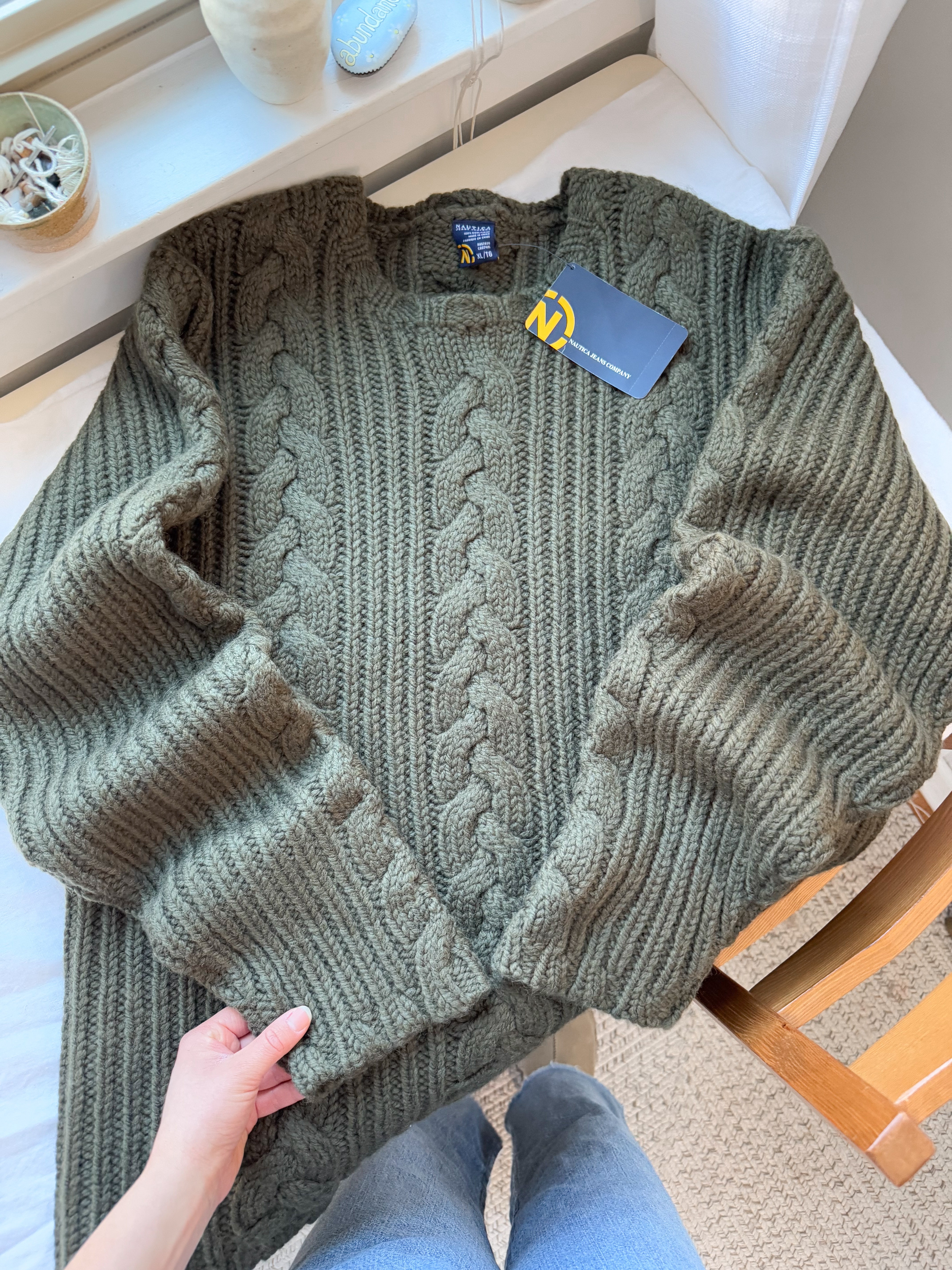 The Chunky Green Cable Knit Sweater (XL)