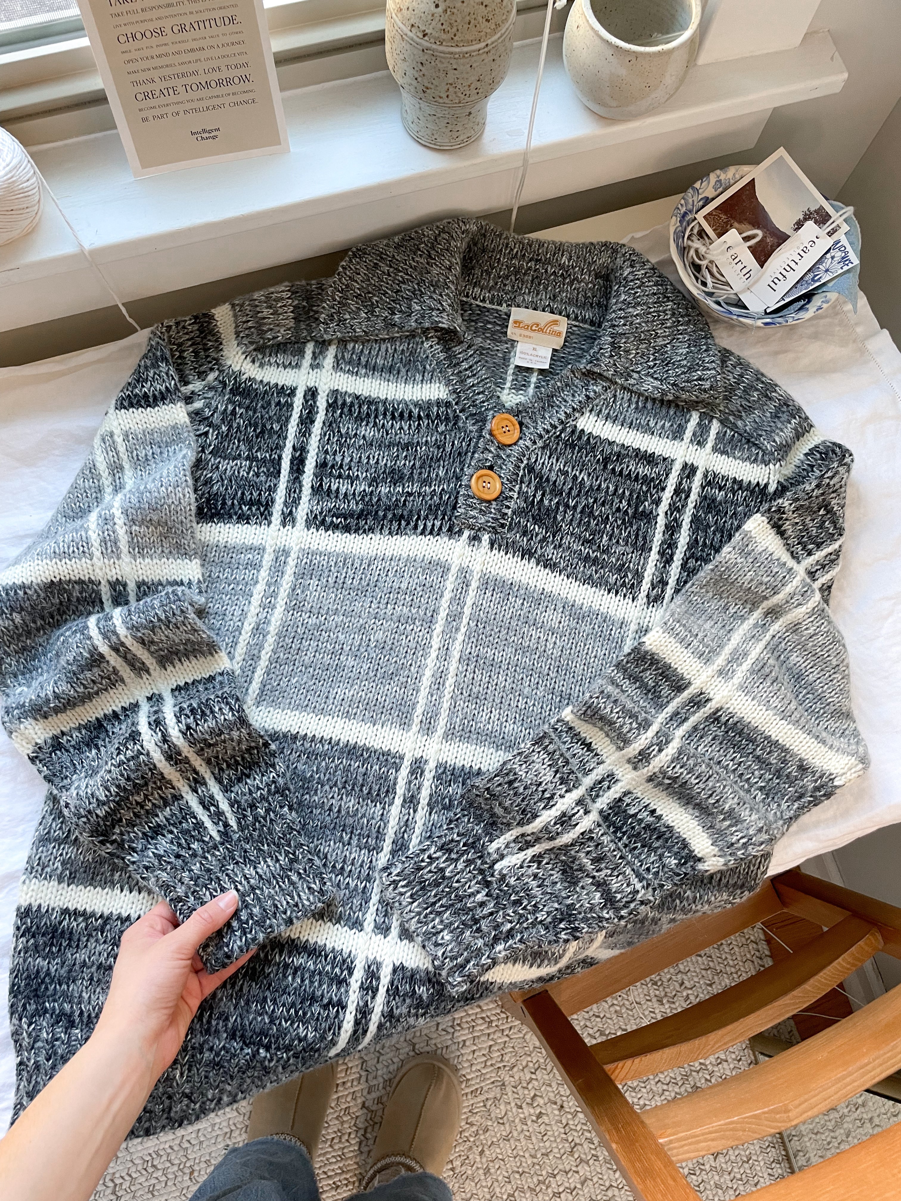 The Grey Plaid Henley Sweater (XL)