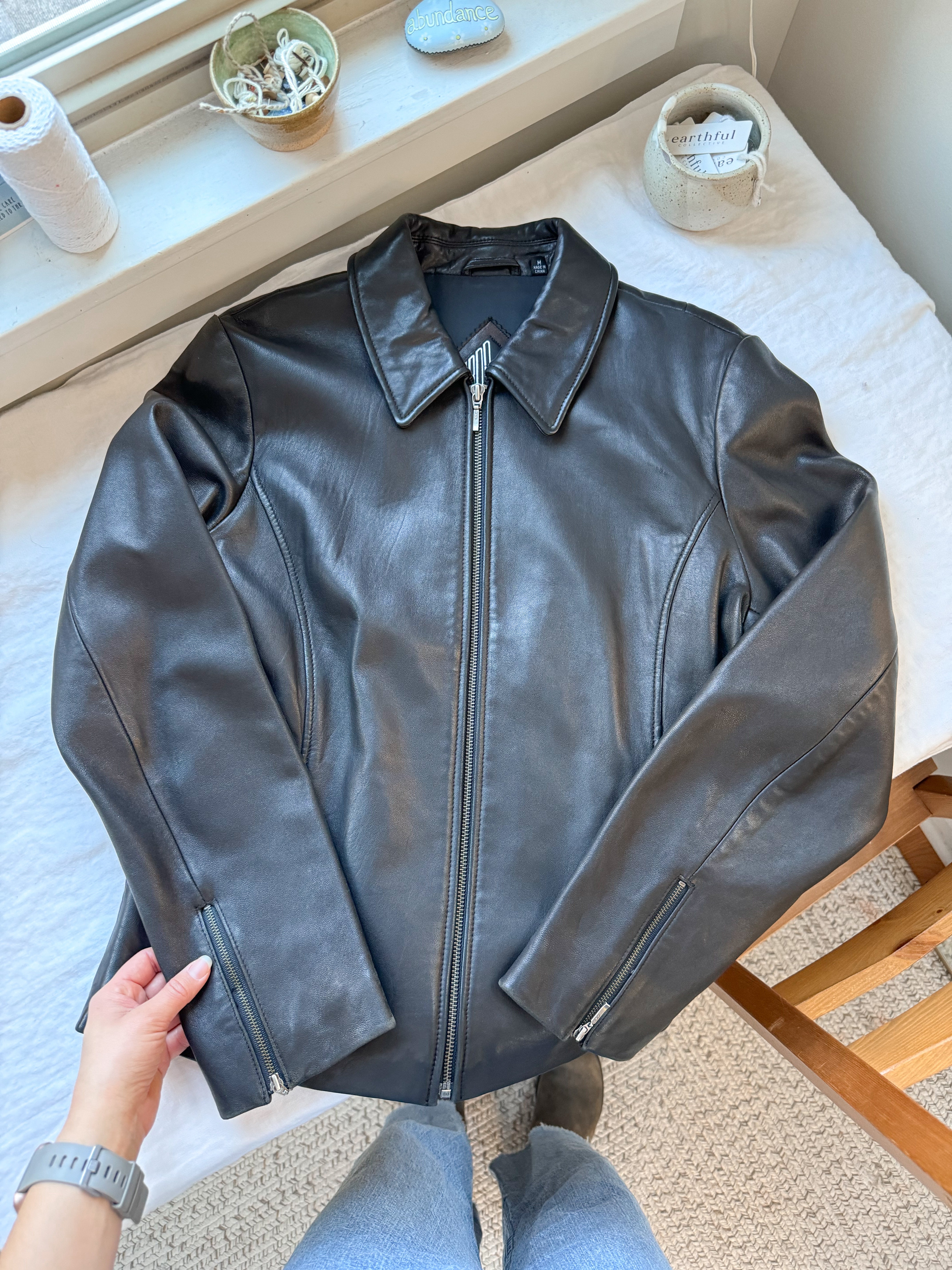 The Black Leather Zip Up (S)