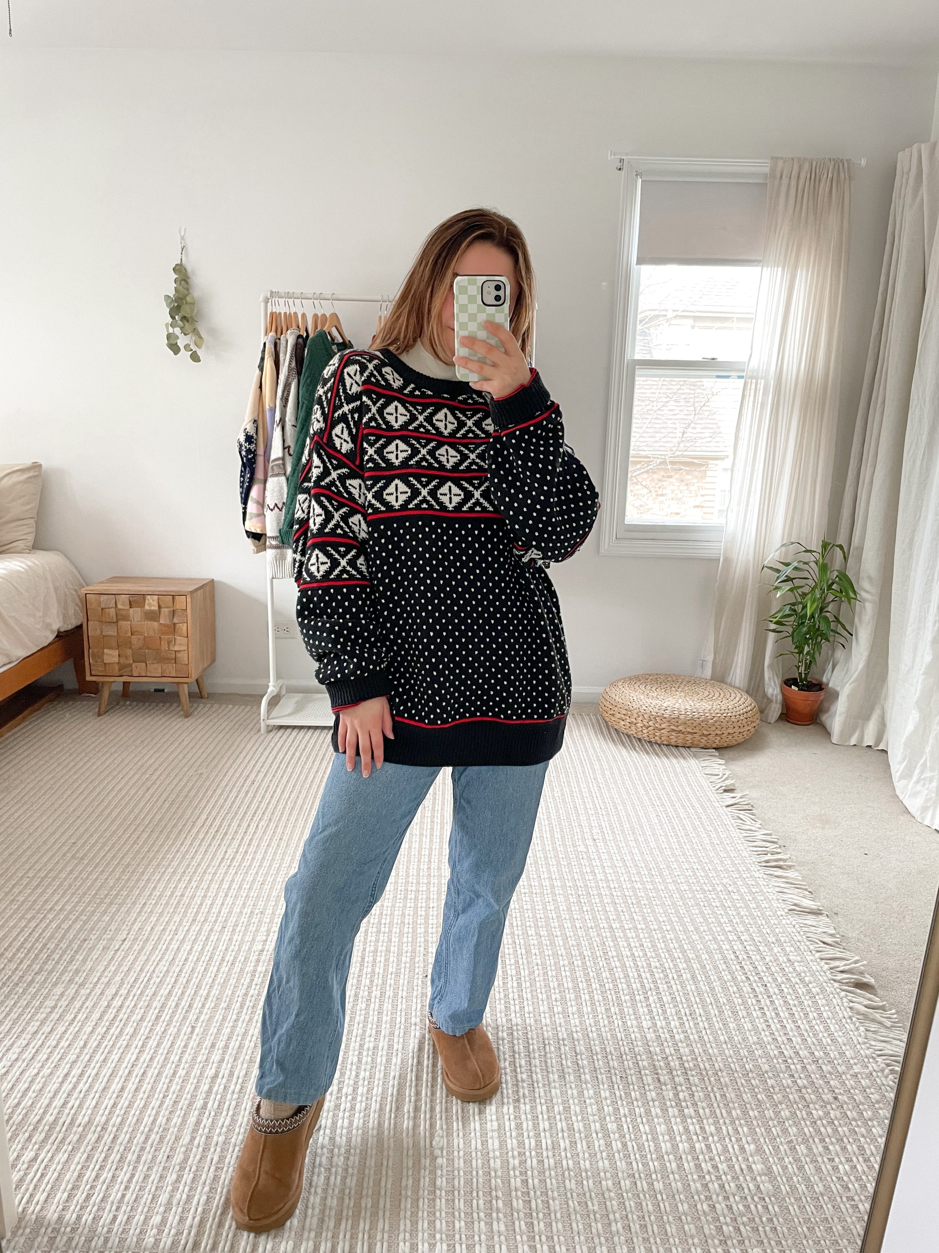 Vintage Black White &amp; Red Pattern Sweater (L)